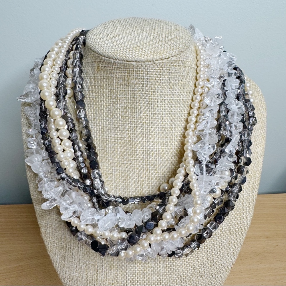 Coldwater Creek Multi-Strand Pearl, Crystal & Smoky Bead Necklace